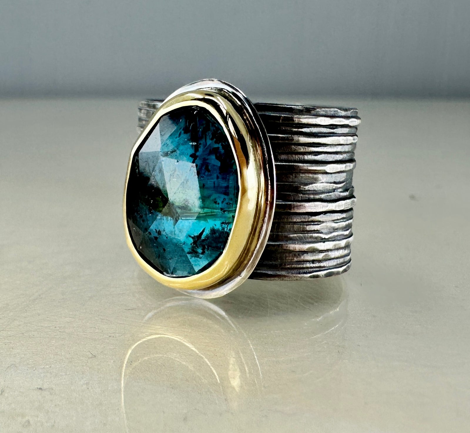 Adjustable Ribbed Band with Teal Moss Kyanite