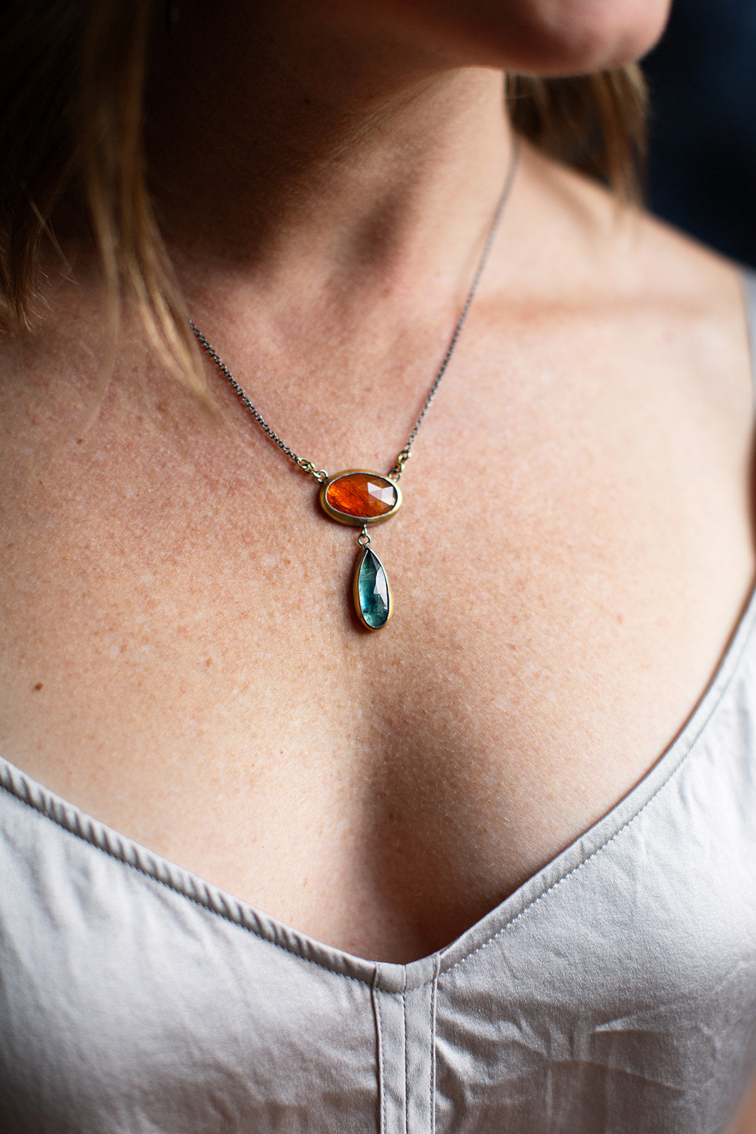 Rim Drop Necklace in Hessonite and Kyanite