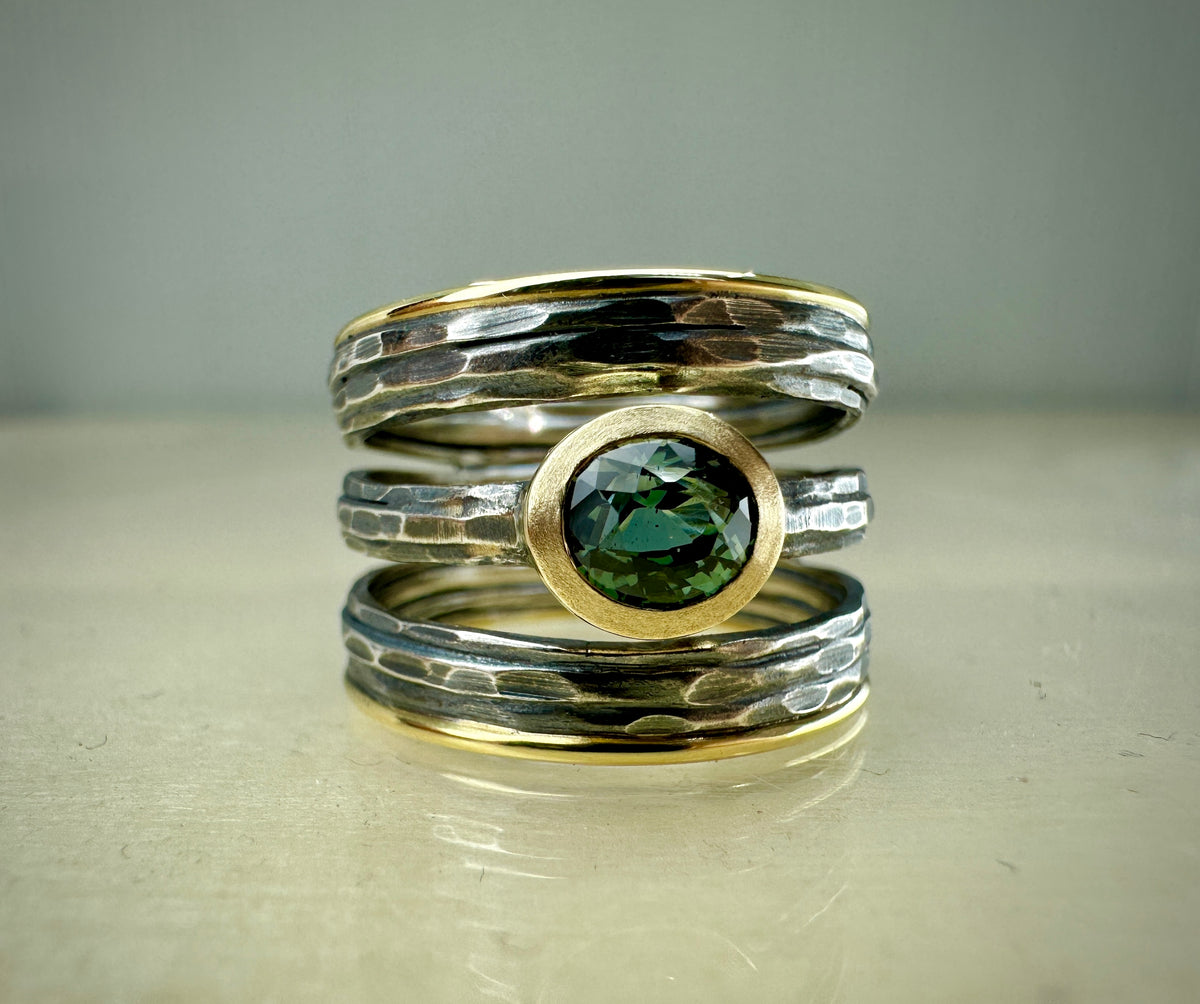 Teal Blue Sapphire Ring in Mixed Metals
